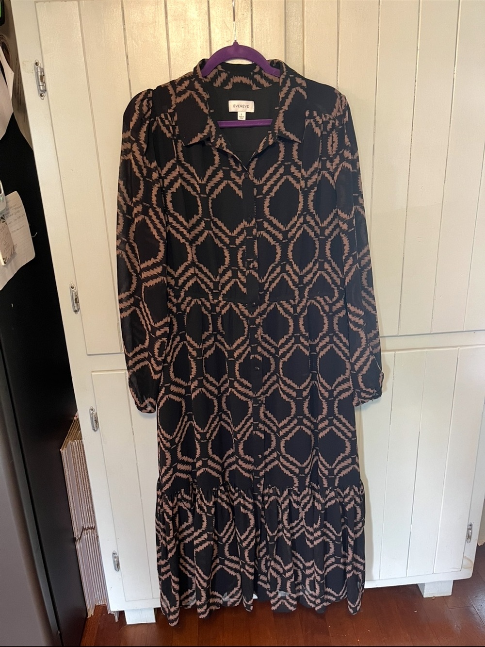 Evereve Black and Tan Geometric Button-Front Maxi Dress Size Large
